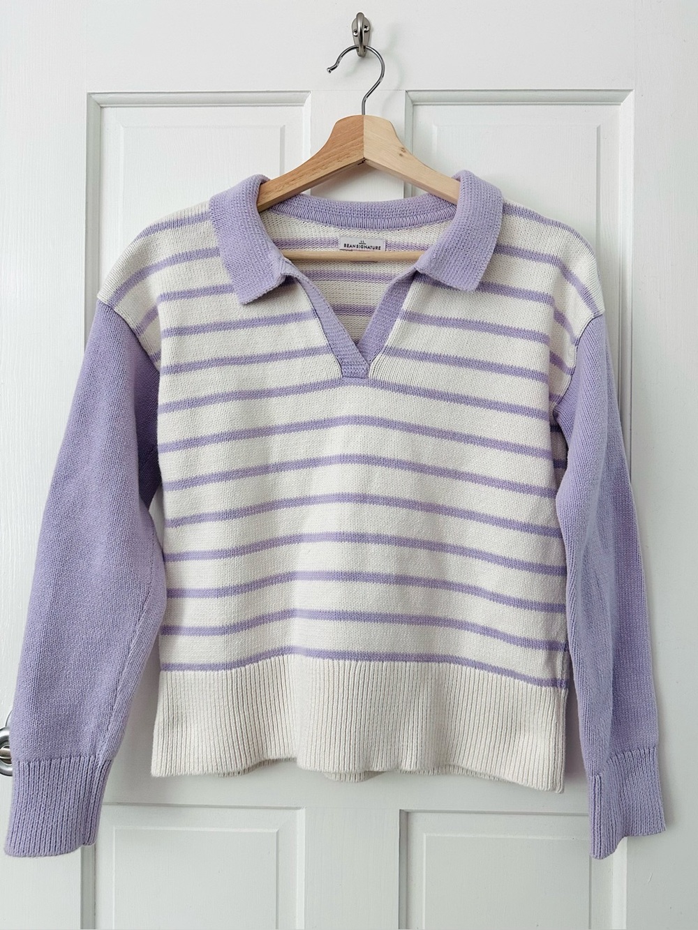 LL Bean Signature Lavender & Ivory Striped V-Neck Polo Sweater Organic Cotton S